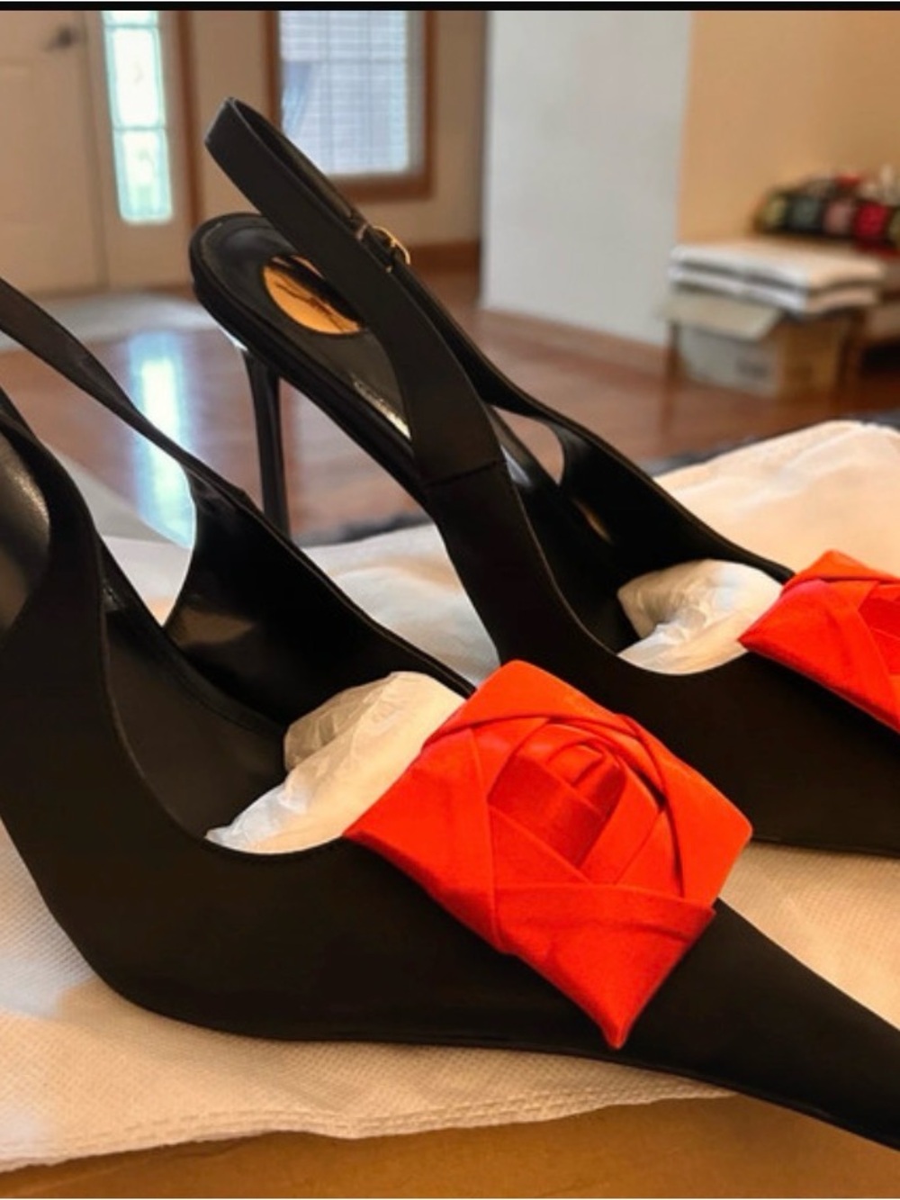 Black Slingback Heels with Red Rosette Detail